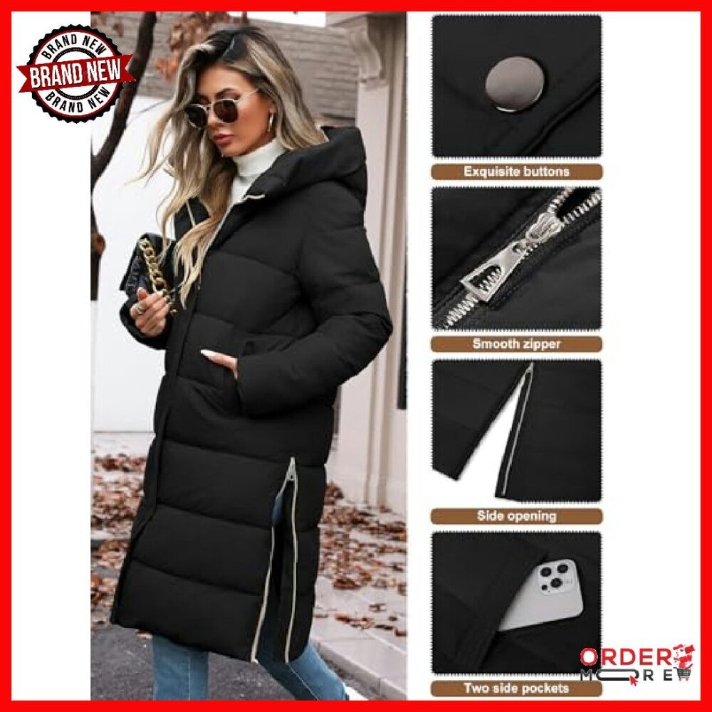 Women's Mid-Length Puffer Coat with Hood, Quilted Winter Jacket - Picture 3 of 8